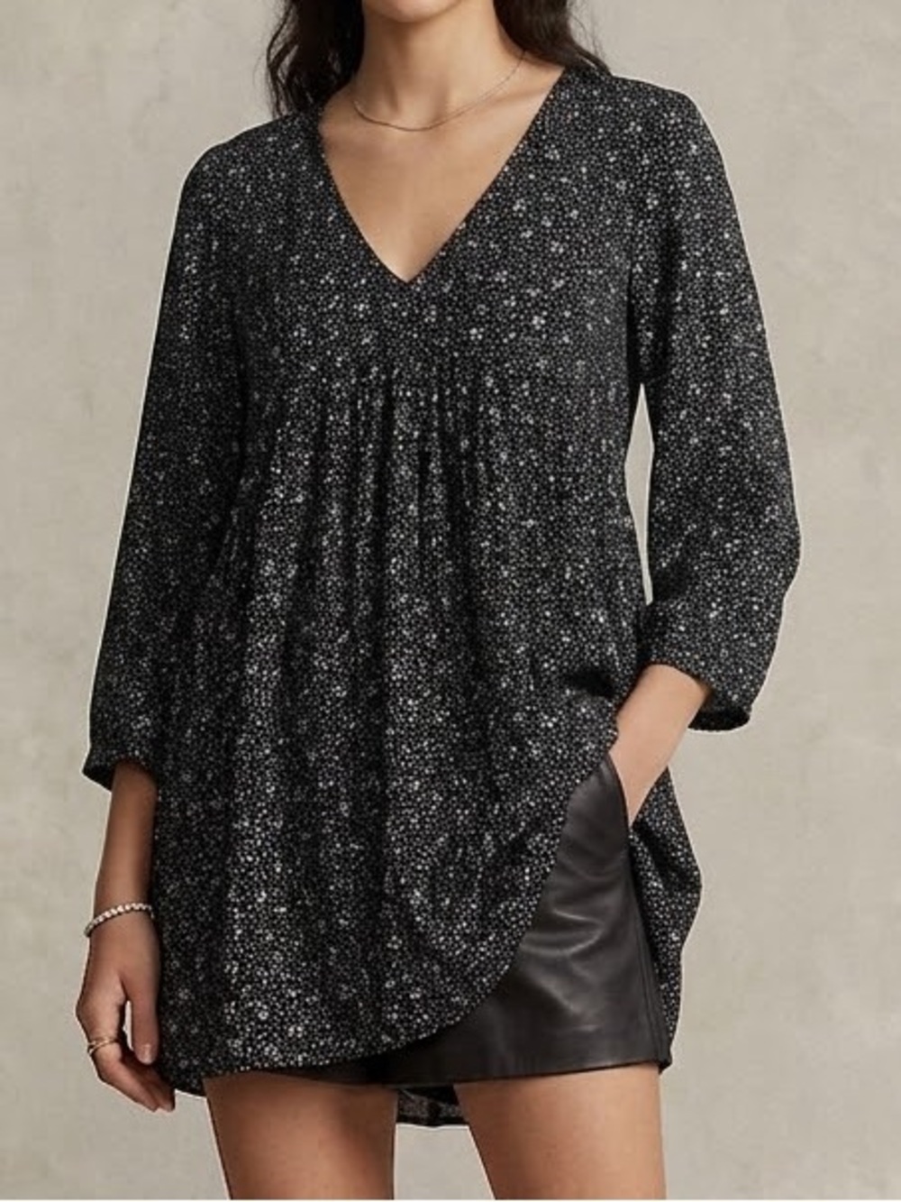 Denim & Supply Ralph Lauren‎ Black Floral Polka Dot V-Neck Babydoll Tunic Top